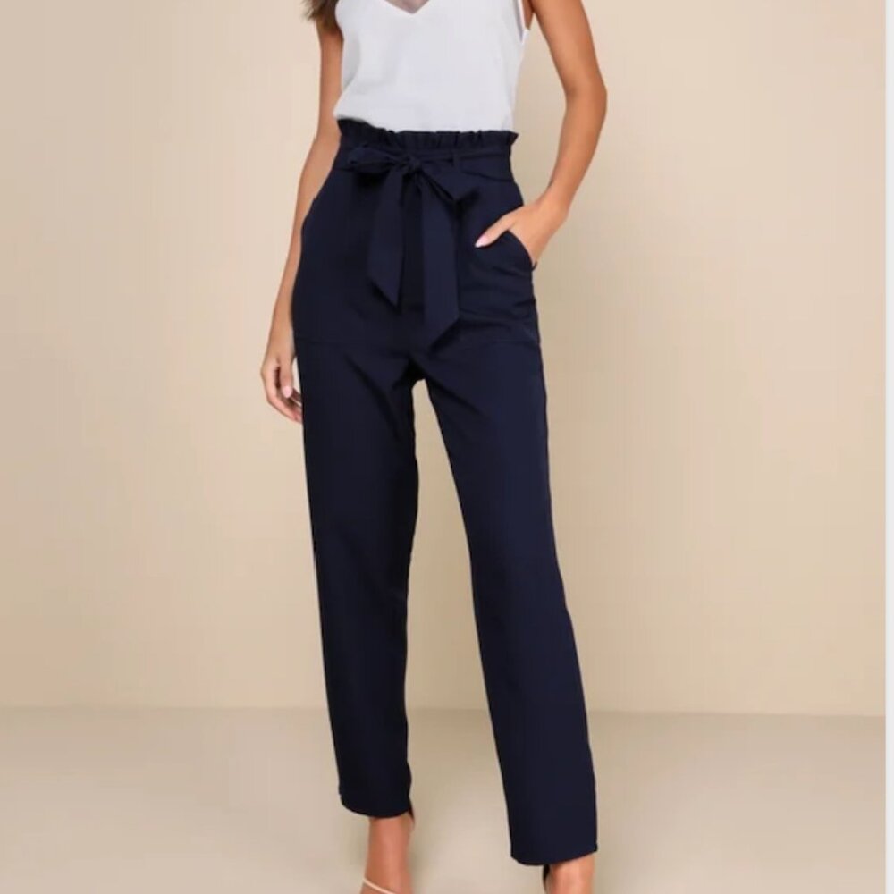 Lulus navy blue paperbag waist straight leg pants